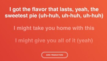 screen showing Deezer lyrics for Dua Lipa's Sweetest Pie in white text on red background