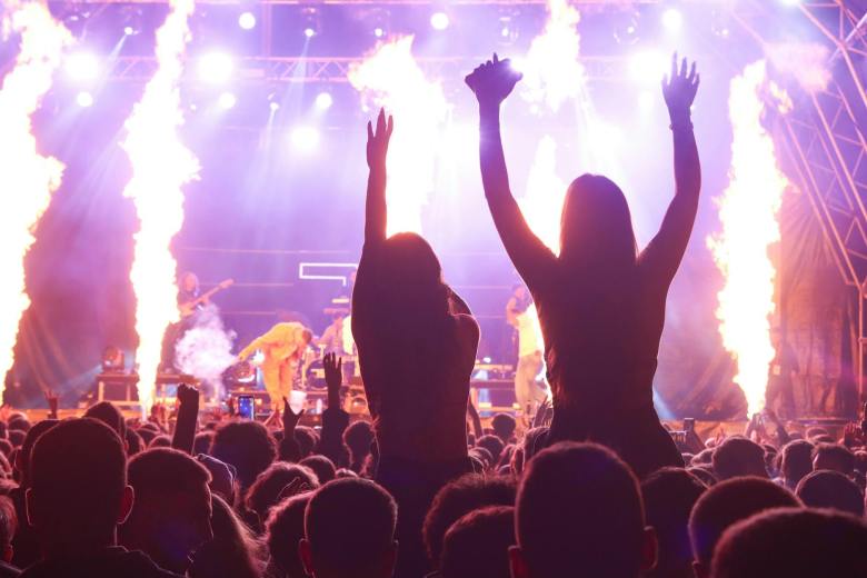 vibrant concert scene with crowd and fire effects
