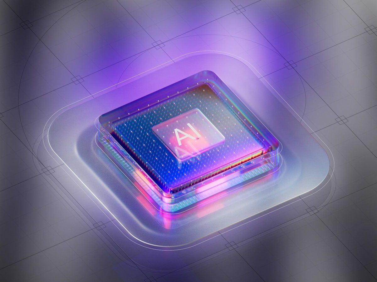 A square object with a purple light coming out of it and the letters AI on top