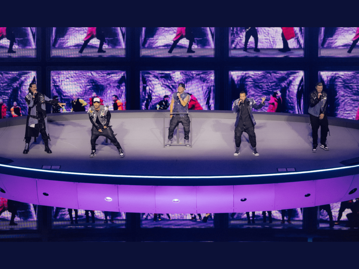 The five members of the band Backstreet Boys on stage. They are all singing and dancing.